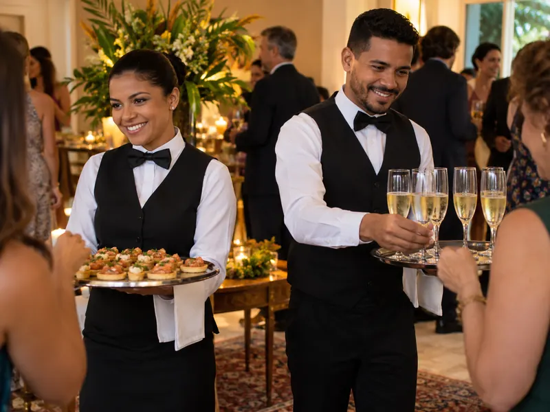 Waiter and waitress in black vests and bow ties serving canapés and sparkling wine to guests