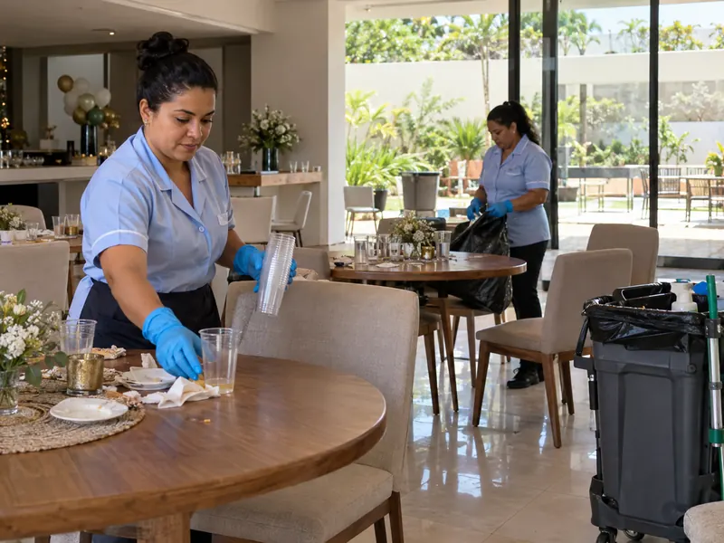 Two cleaners in blue uniforms and gloves collecting glasses and wiping tables in a function room after a party