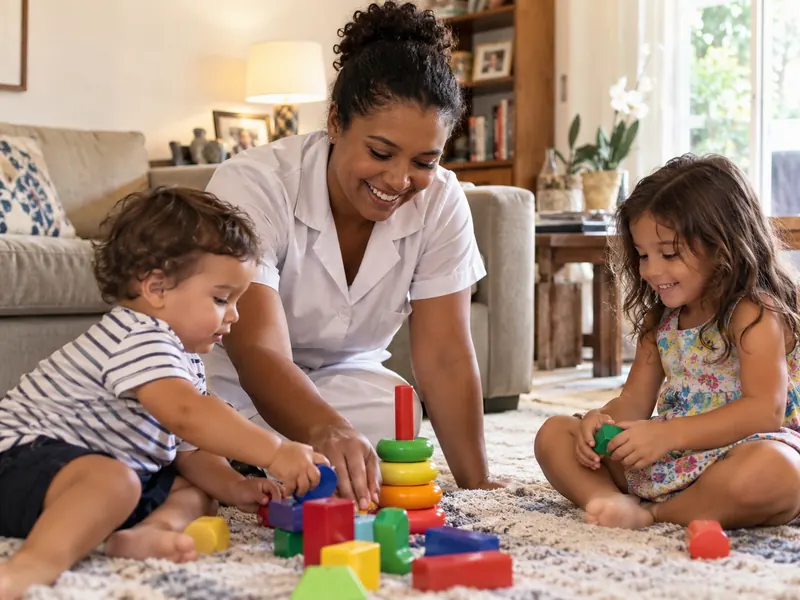 Nanny in a white uniform playing with two children and colorful blocks on the living room rug