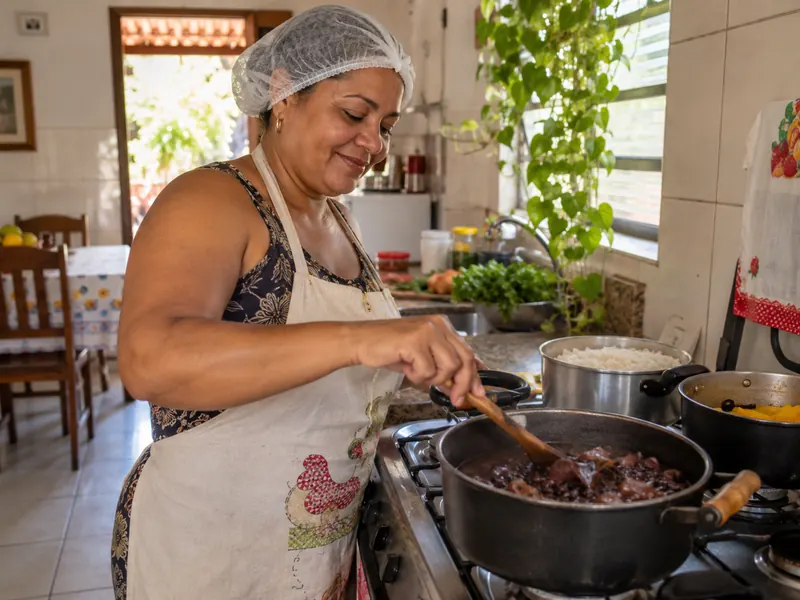 Cook in an apron and hairnet cooking beans on the stove of a home kitchen