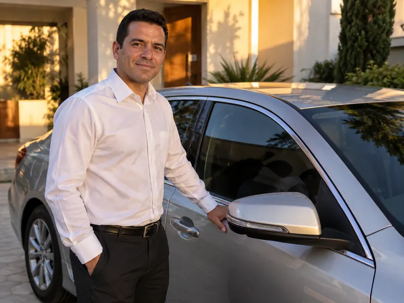 Private driver in a dress shirt standing next to a silver car in front of a house